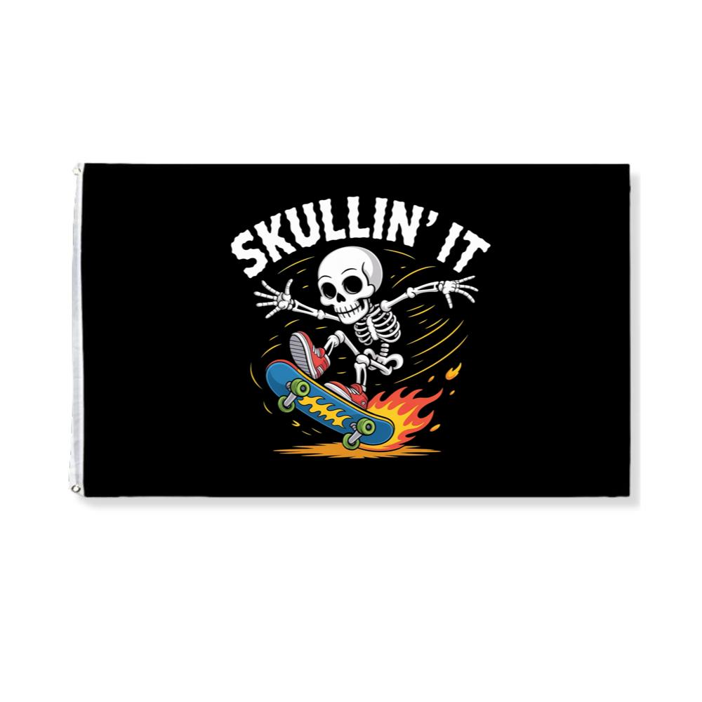 Skullin It Skeleton Skateboard Cartoon Graphic Flag
