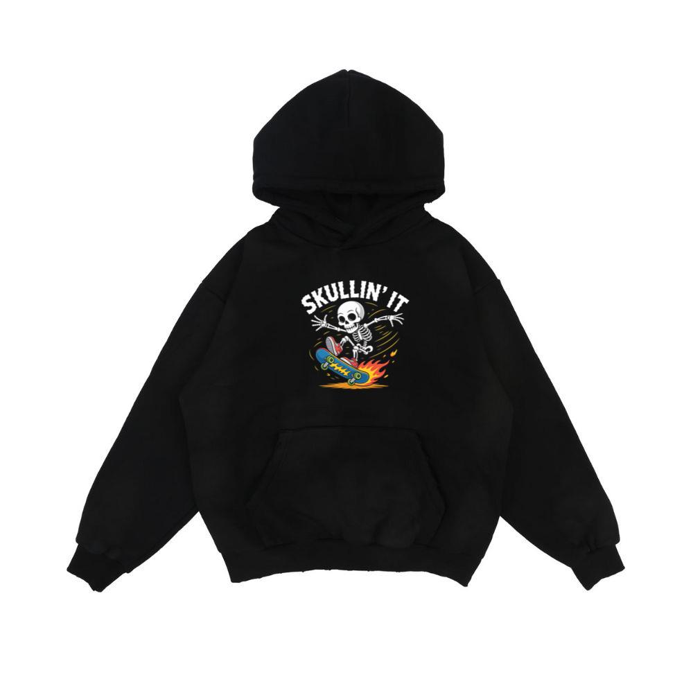 Skullin It Skeleton Skateboard Cartoon Graphic Hoodie