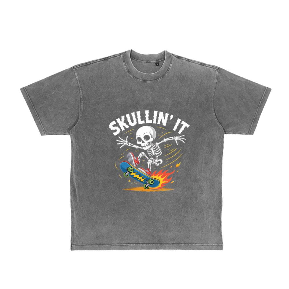 Skullin It Skeleton Skateboard Cartoon Graphic T-Shirt
