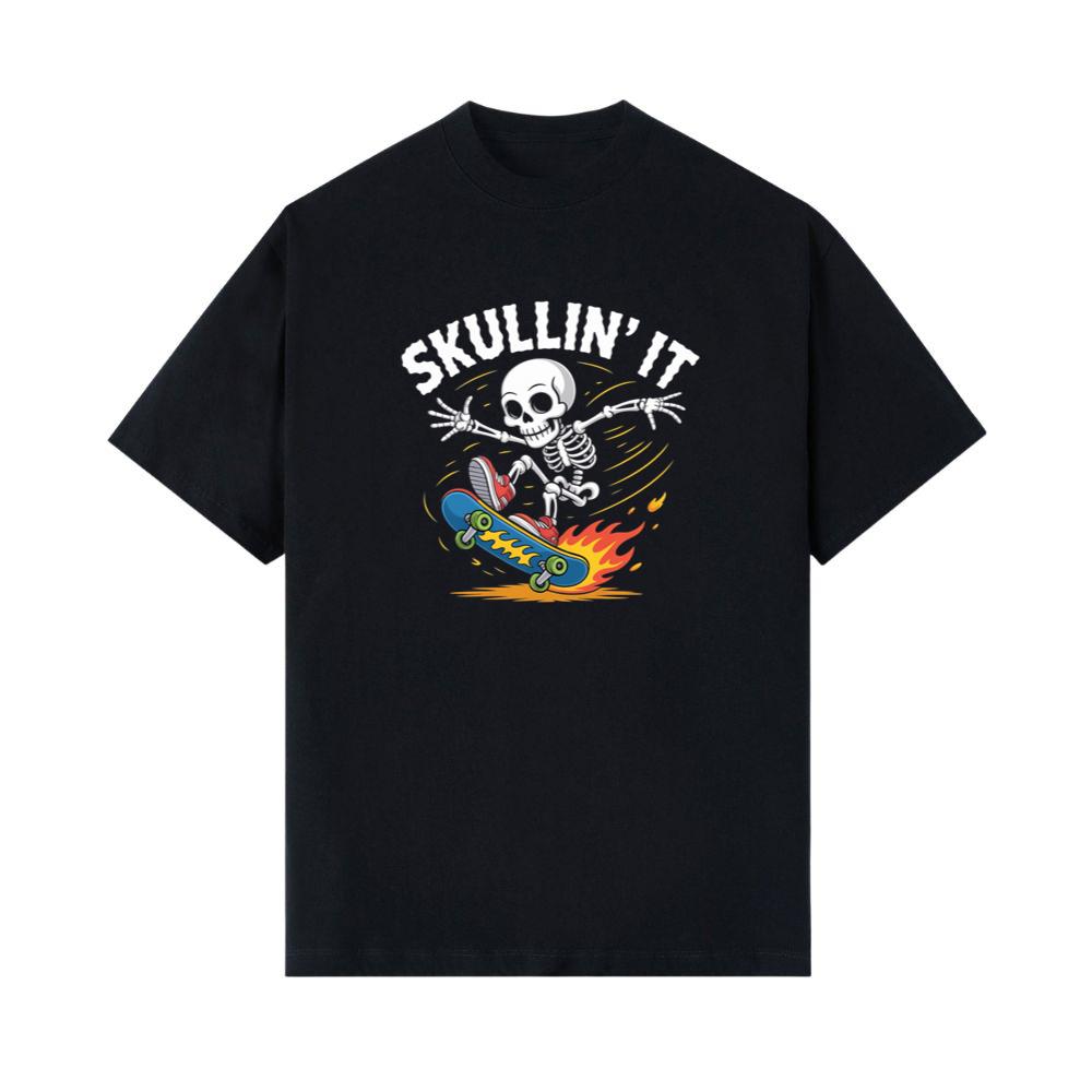 Skullin It Skeleton Skateboard Cartoon Graphic T-Shirt
