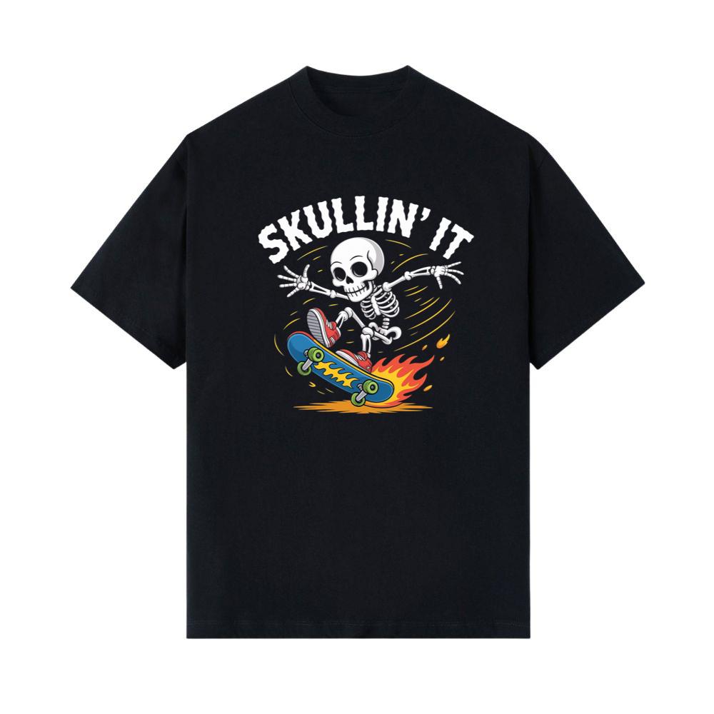 Skullin It Skeleton Skateboard Cartoon Graphic T-Shirt