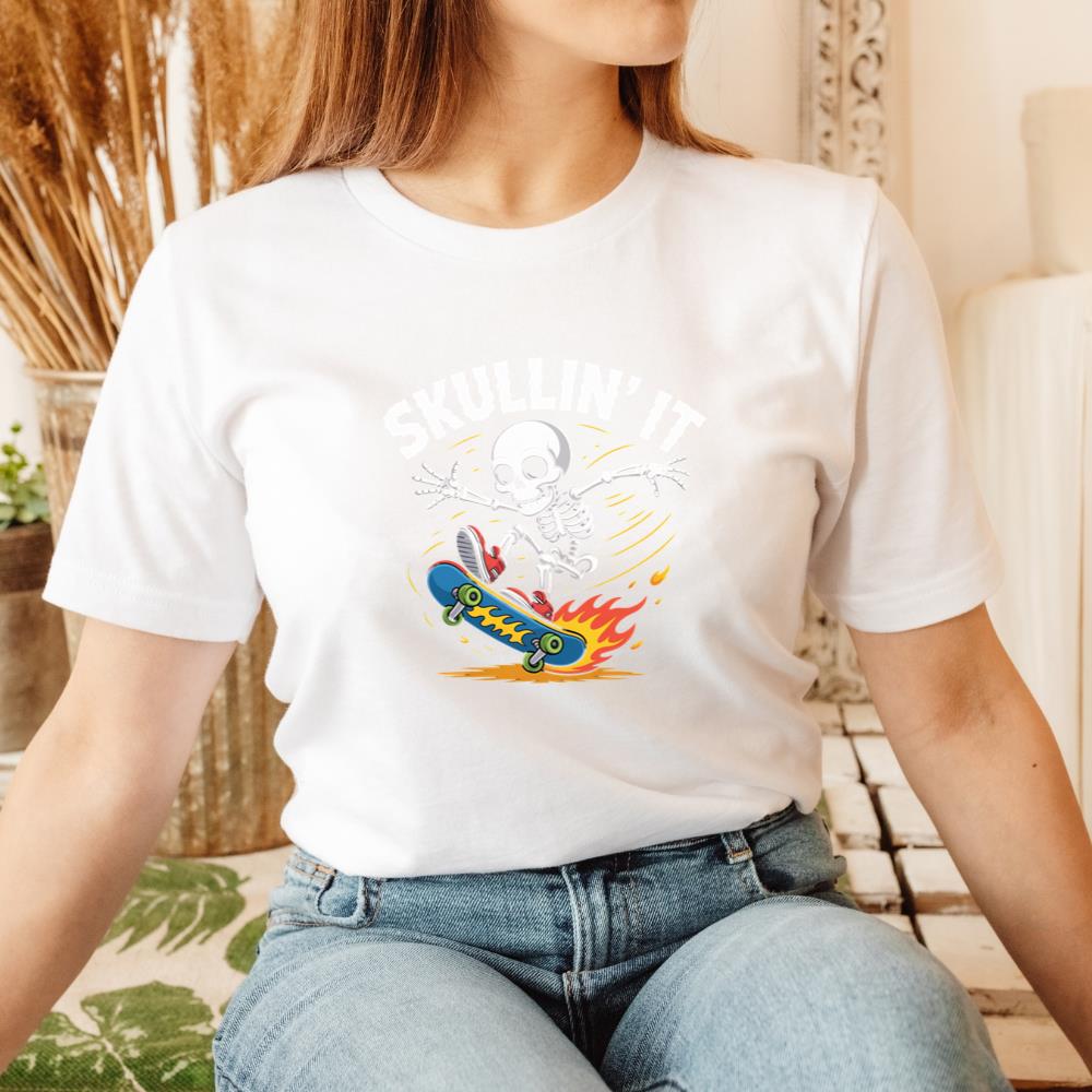 Skullin It Skeleton Skateboard Cartoon Graphic T-Shirt