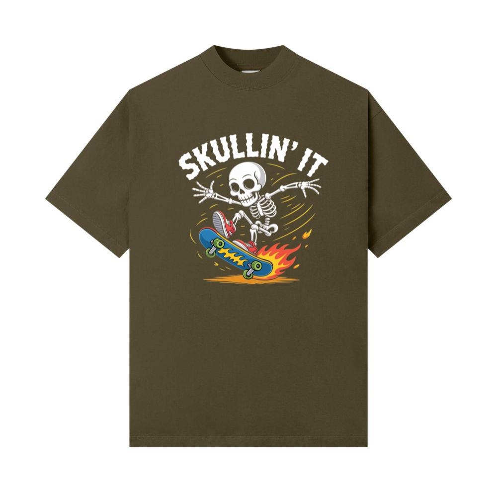Skullin It Skeleton Skateboard Cartoon Graphic T-Shirt - Image 2
