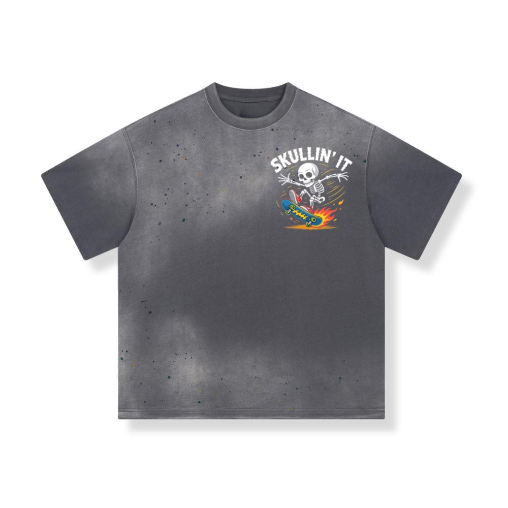 Skullin It Skeleton Skateboard Cartoon Graphic T-Shirt - Image 3