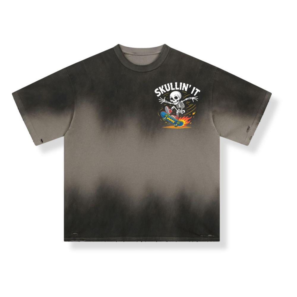 Skullin It Skeleton Skateboard Cartoon Graphic T-Shirt - Image 2