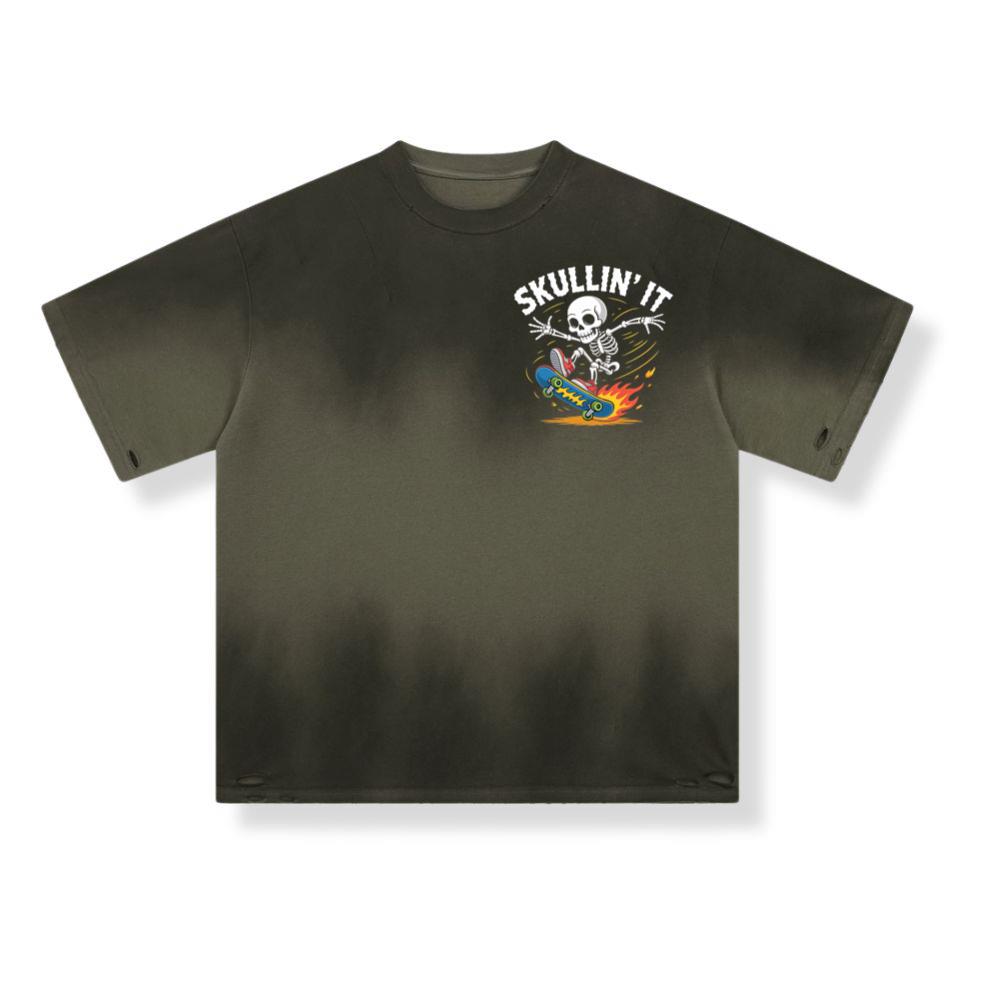 Skullin It Skeleton Skateboard Cartoon Graphic T-Shirt - Image 3