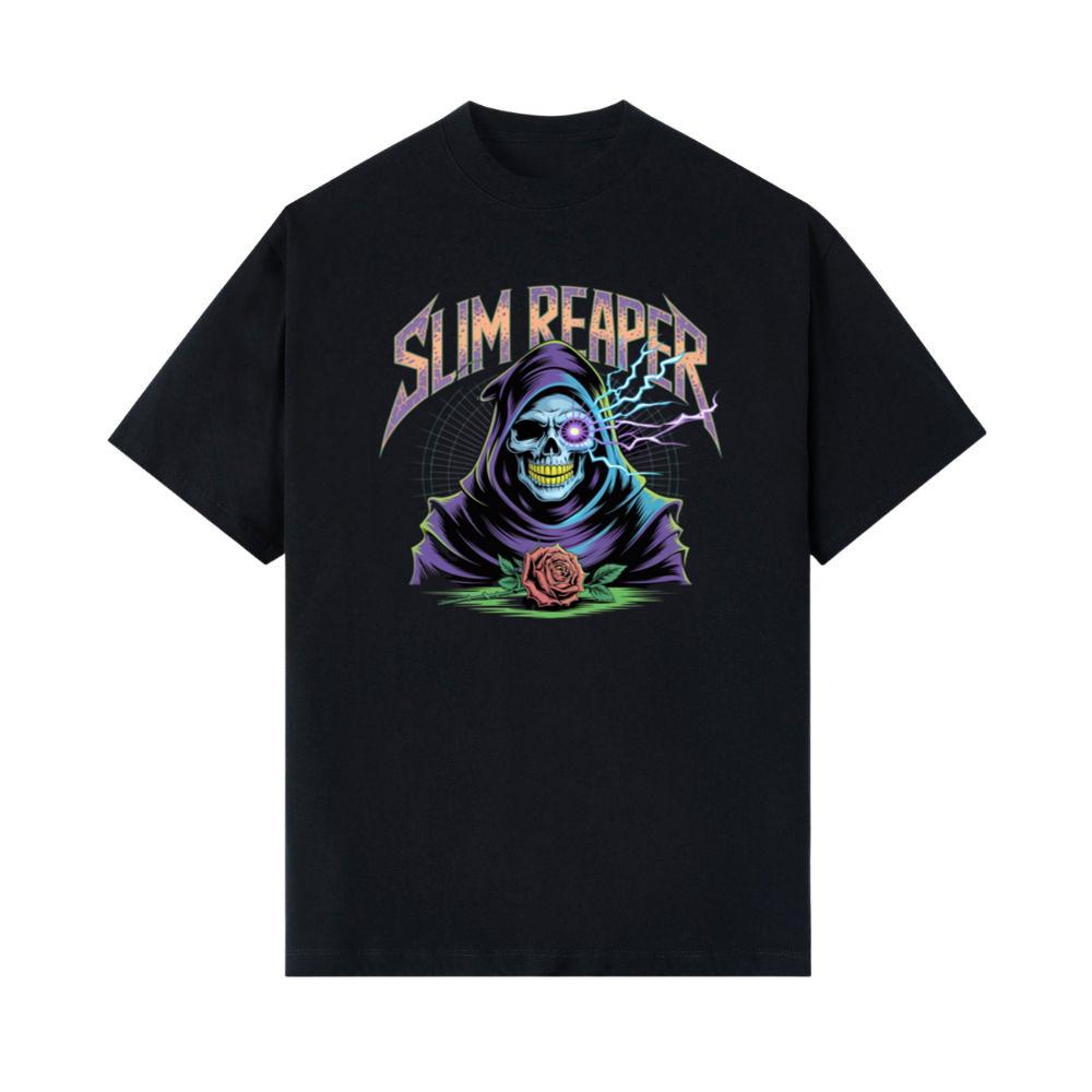 Slim Reaper Grim Reaper Skull With Lightning And Rose Artwork T-Shirt