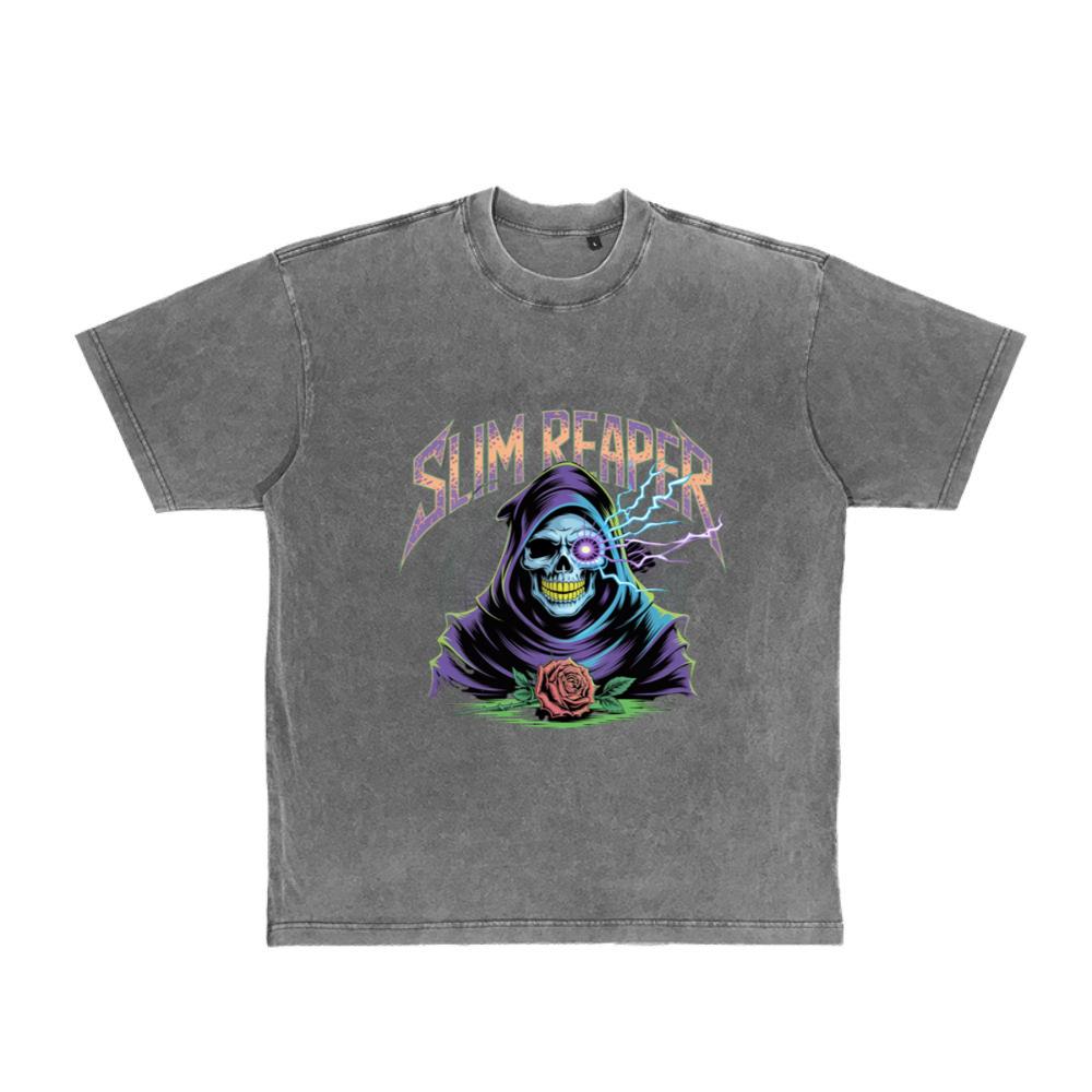 Slim Reaper Grim Reaper Skull With Lightning And Rose Artwork T-Shirt