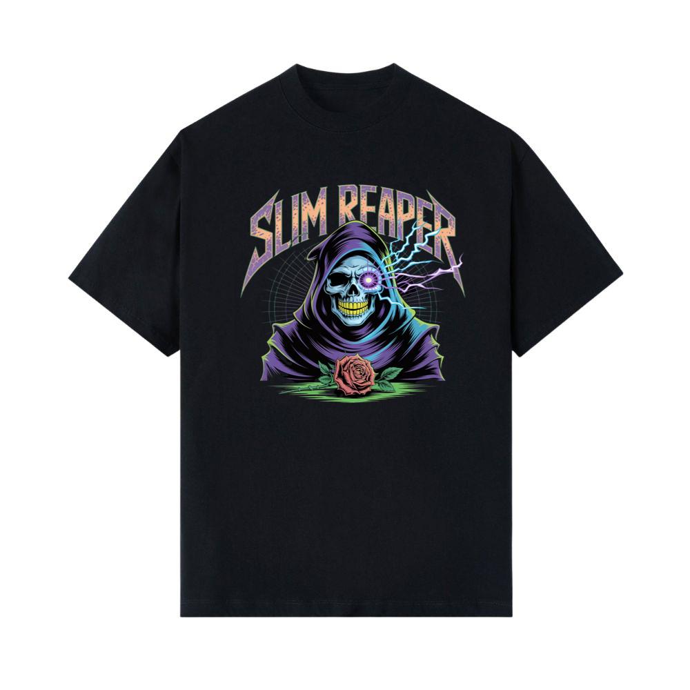 Slim Reaper Grim Reaper Skull With Lightning And Rose Artwork T-Shirt