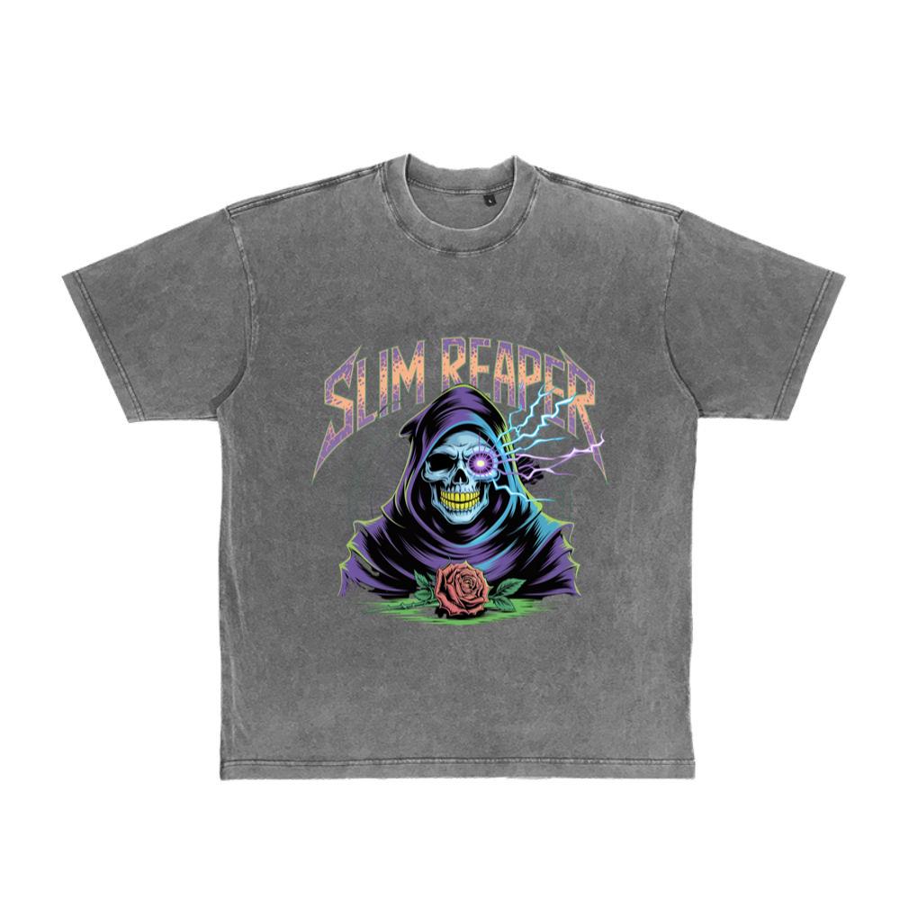 Slim Reaper Grim Reaper Skull With Lightning And Rose Artwork T-Shirt