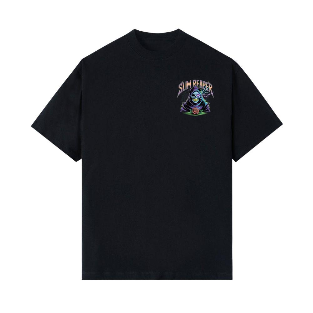 Slim Reaper Grim Reaper Skull With Lightning And Rose Artwork T-Shirt