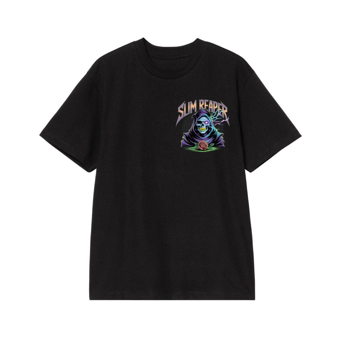 Slim Reaper Grim Reaper Skull With Lightning And Rose Artwork T-Shirt