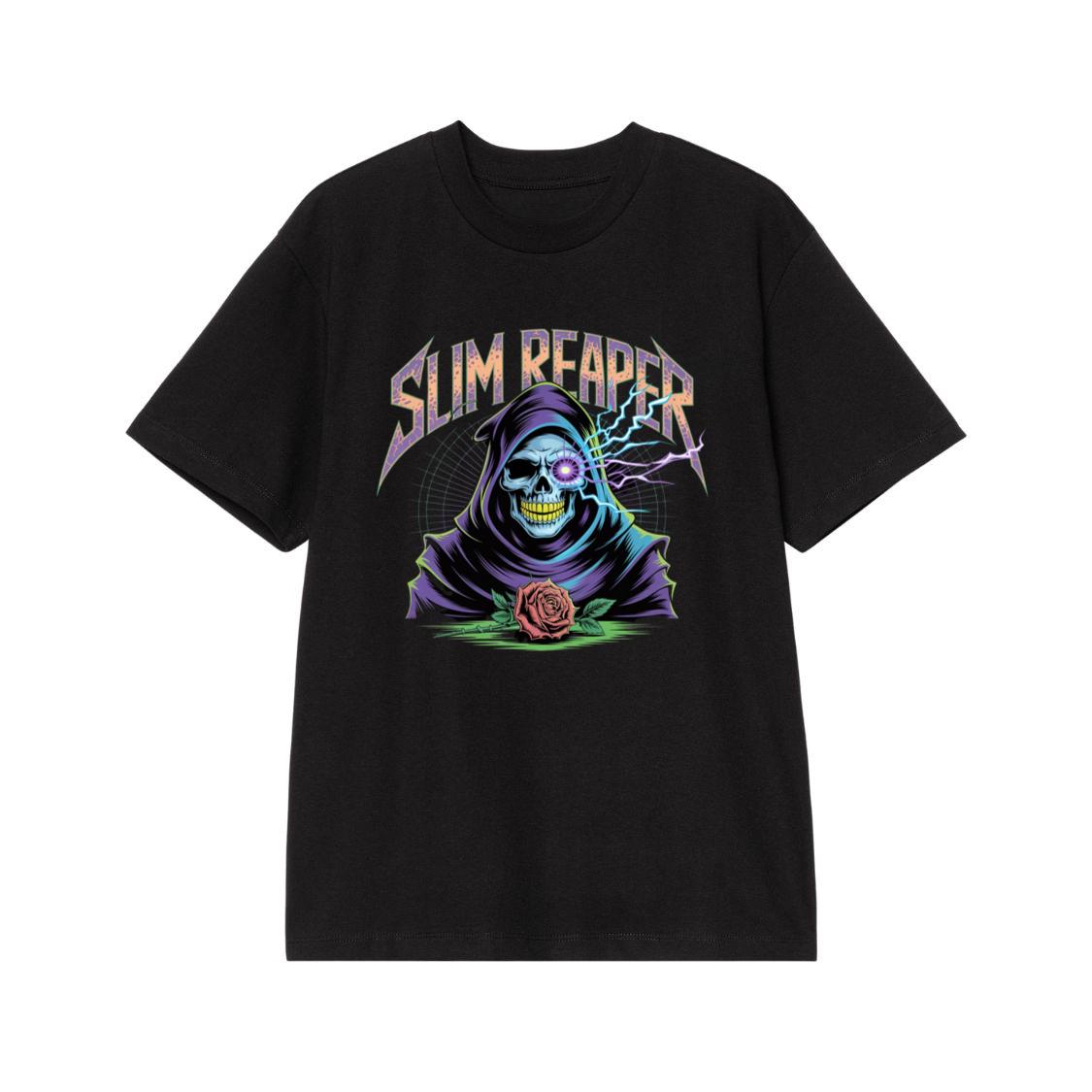 Slim Reaper Grim Reaper Skull With Lightning And Rose Artwork T-Shirt