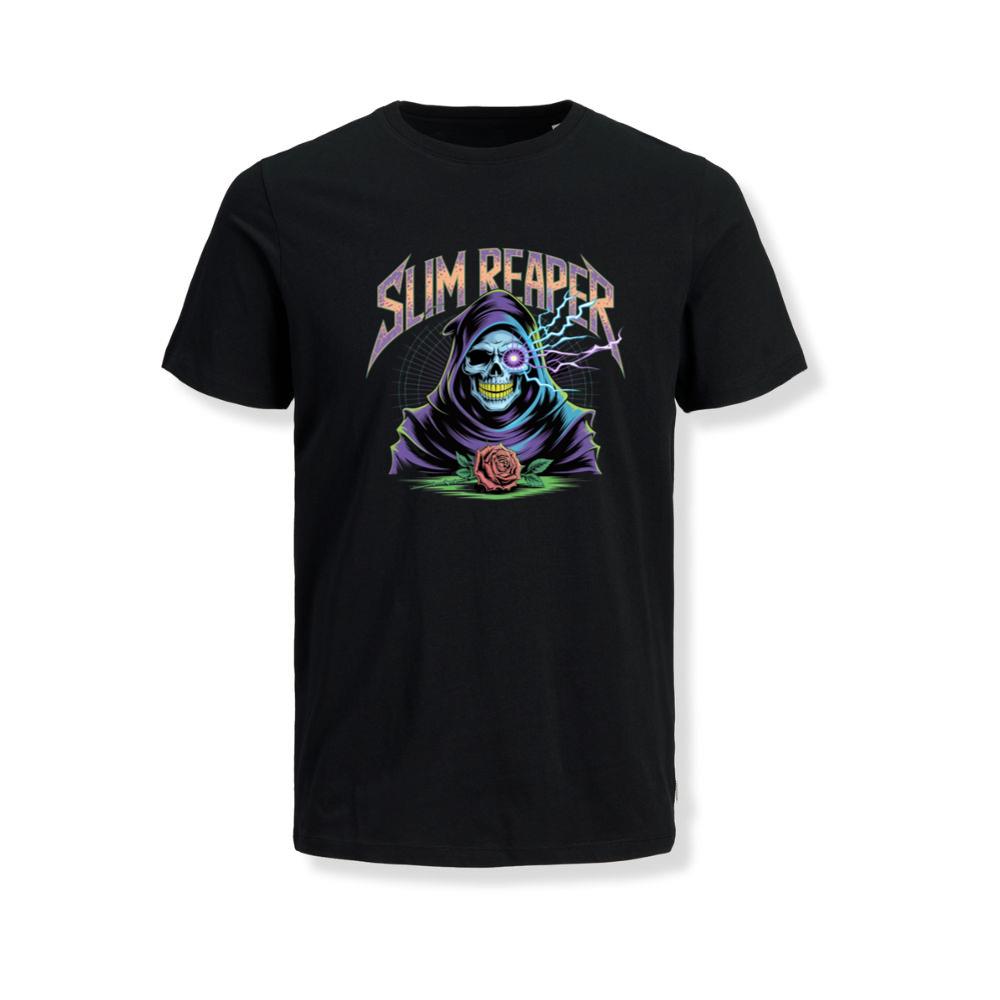Slim Reaper Grim Reaper Skull With Lightning And Rose Artwork T-Shirt