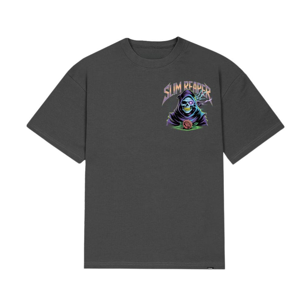 Slim Reaper Grim Reaper Skull With Lightning And Rose Artwork T-Shirt - Image 3