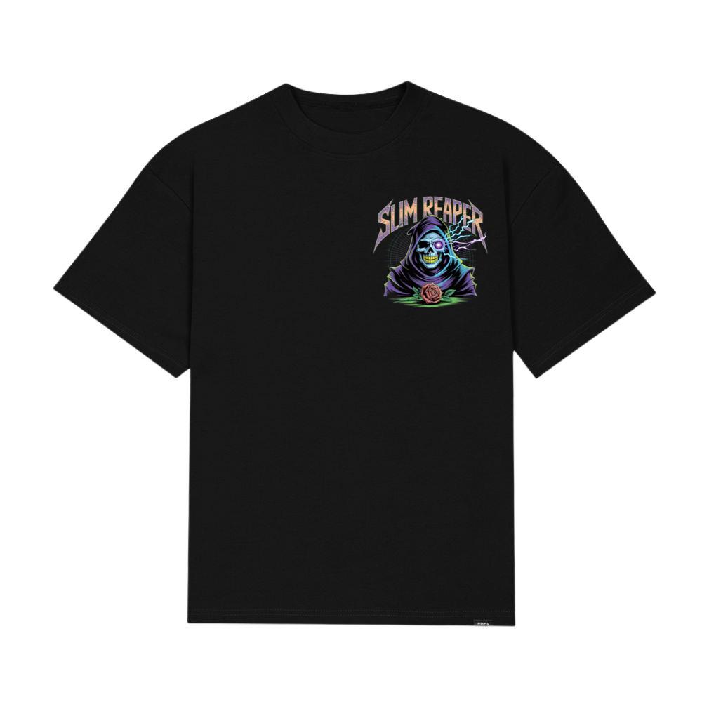 Slim Reaper Grim Reaper Skull With Lightning And Rose Artwork T-Shirt