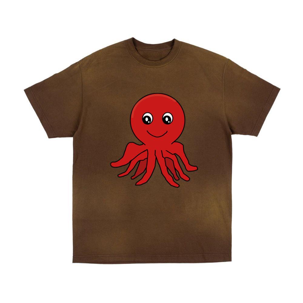 Smiling Red Cartoon Octopus Character T-Shirts