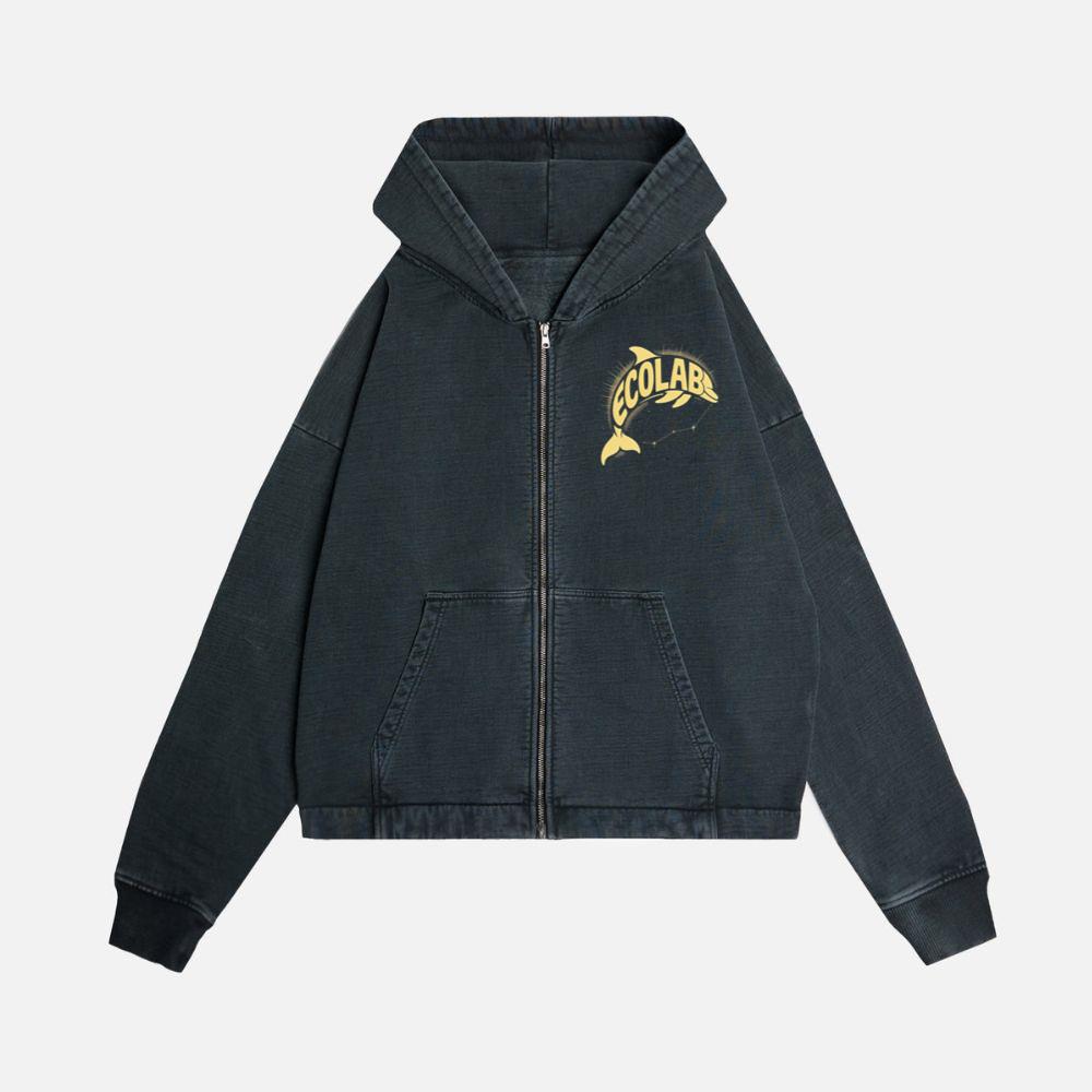 Solar Dolphin Vintage Graphic Design for Positive Energy Lovers Zip Hoodie