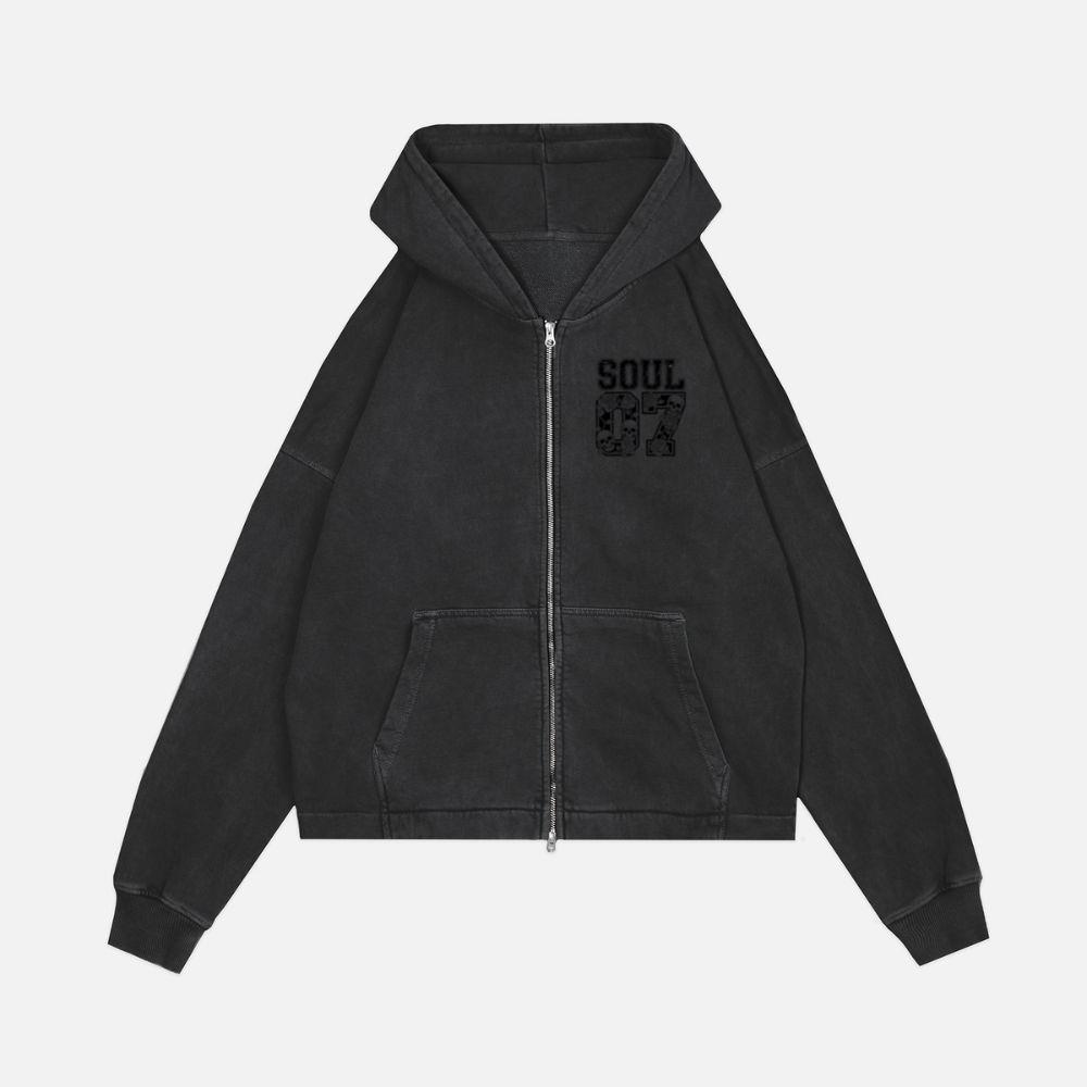 Soul 07 Skull Number Retro Street Graphic Zip Hoodie