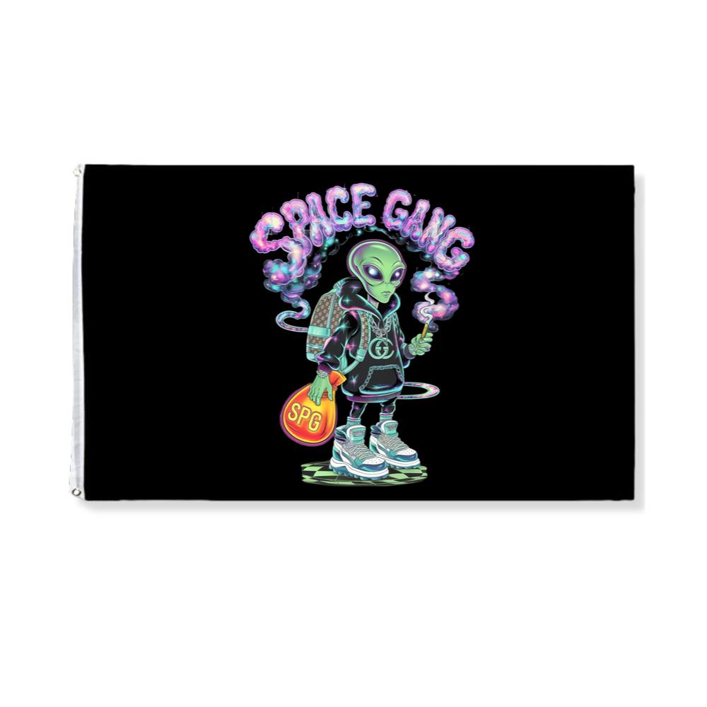 Space Gang Alien Retro Neon Cartoon Graphic Flag