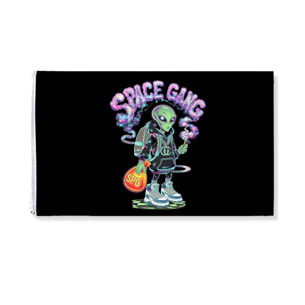 Space Gang Alien Retro Neon Cartoon Graphic Flag