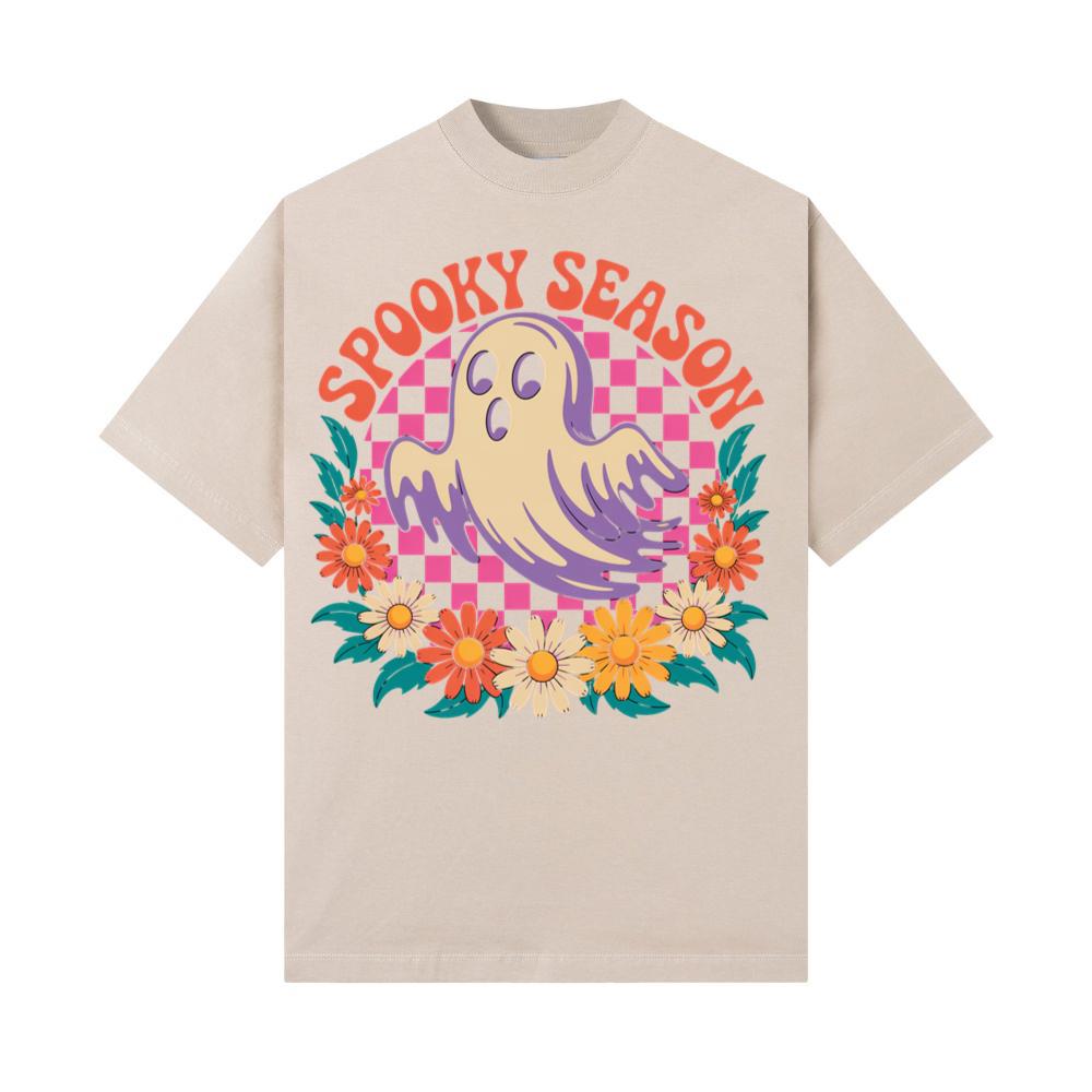 Spooky Season Retro Ghost With Flowers Halloween T-Shirt - Image 3