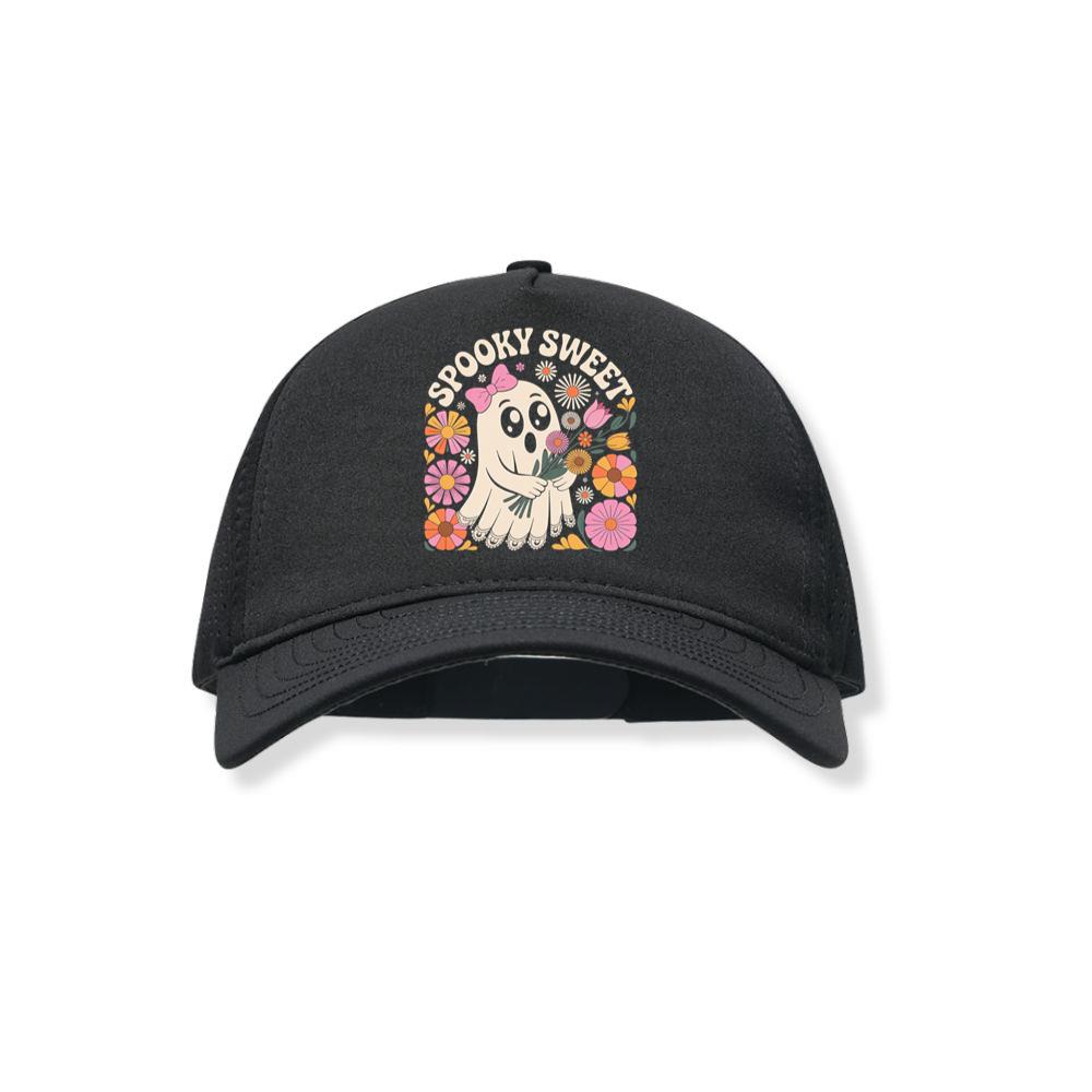 Spooky Sweet Ghost Flower Retro Cartoon Design Black Hat