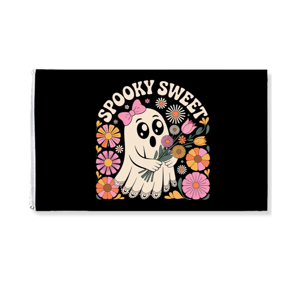 Spooky Sweet Ghost Flower Retro Cartoon Design Flag