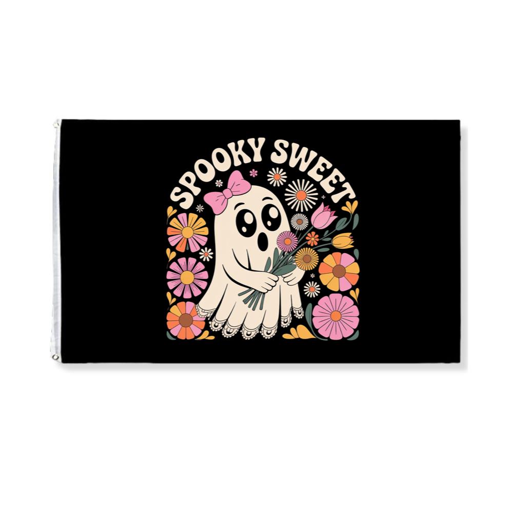 Spooky Sweet Ghost Flower Retro Cartoon Design Flag