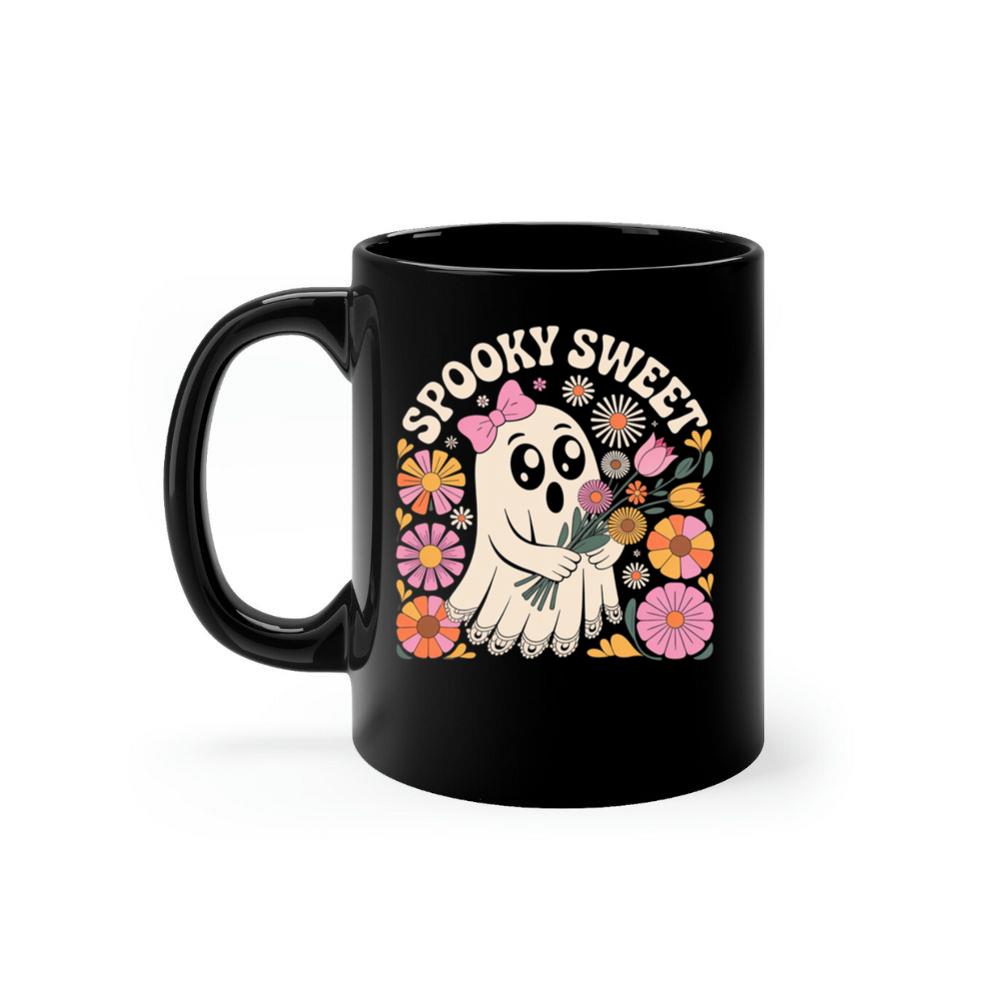 Spooky Sweet Ghost Flower Retro Cartoon Design Mug