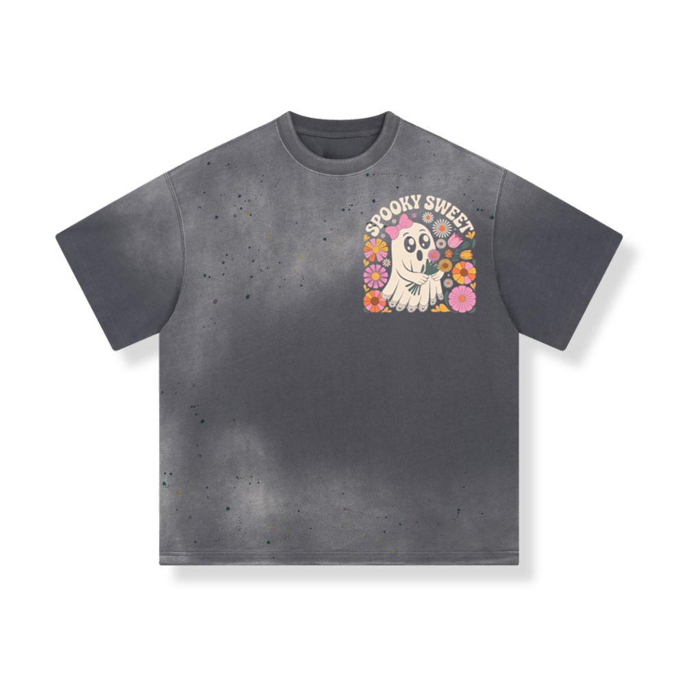 Spooky Sweet Ghost Flower Retro Cartoon Design T-Shirt - Image 3