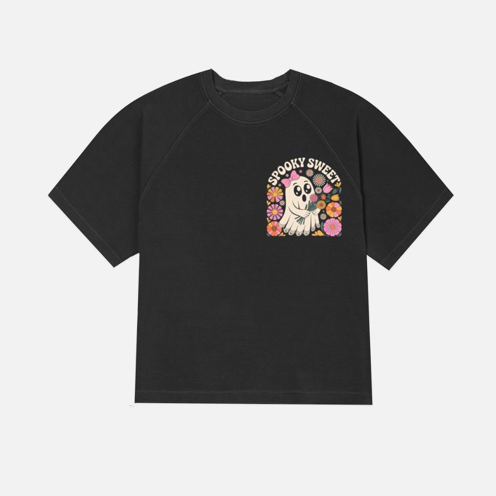 Spooky Sweet Ghost Flower Retro Cartoon Design T-Shirt - Image 3