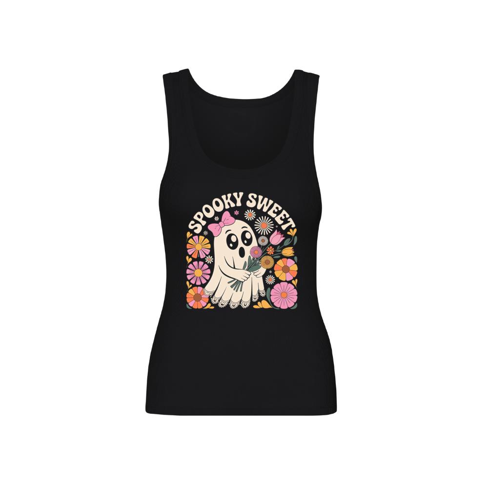 Spooky Sweet Ghost Flower Retro Cartoon Design Tank Top