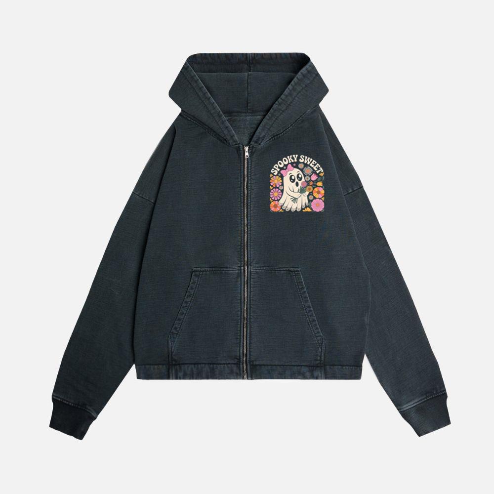 Spooky Sweet Ghost Flower Retro Cartoon Design Zip Hoodie