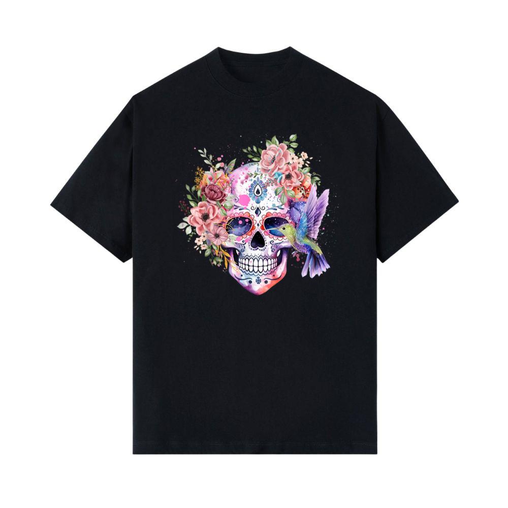 Sugar Skull Retro Flower with Hummingbird Halloween Gothic T-Shirt 