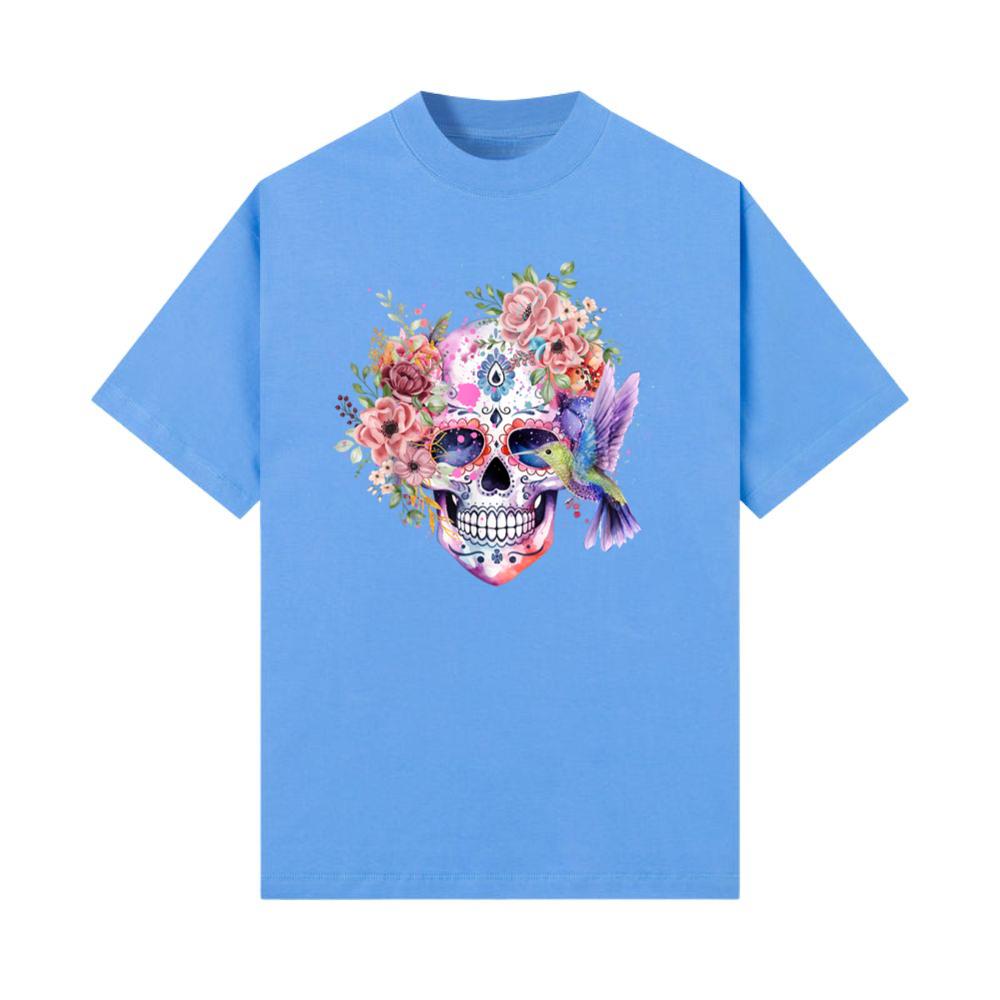 Sugar Skull Retro Flower with Hummingbird Halloween Gothic T-Shirt