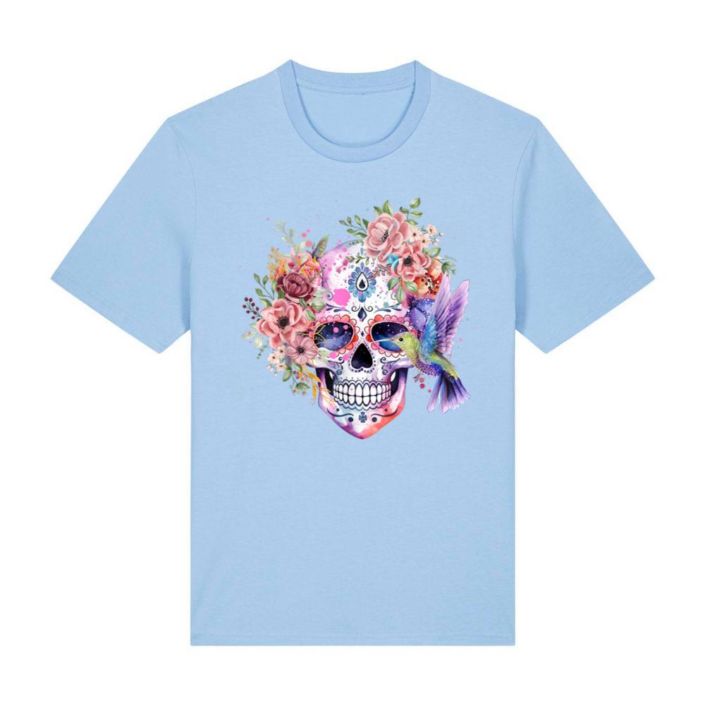 Sugar Skull Retro Flower with Hummingbird Halloween Gothic T-Shirt