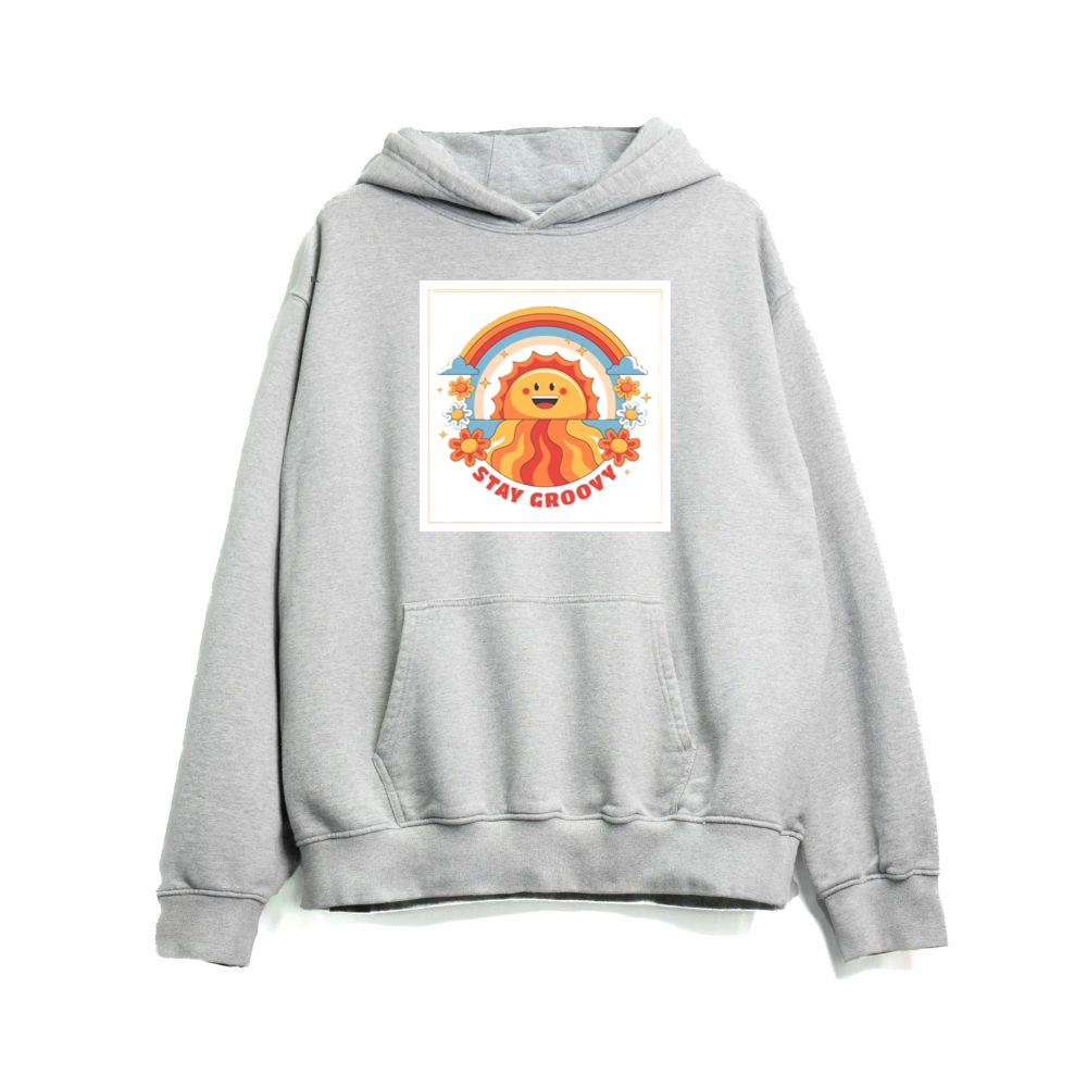 Sun Face with Rainbow, Flowers, and Stay Groovy Text Hoodies