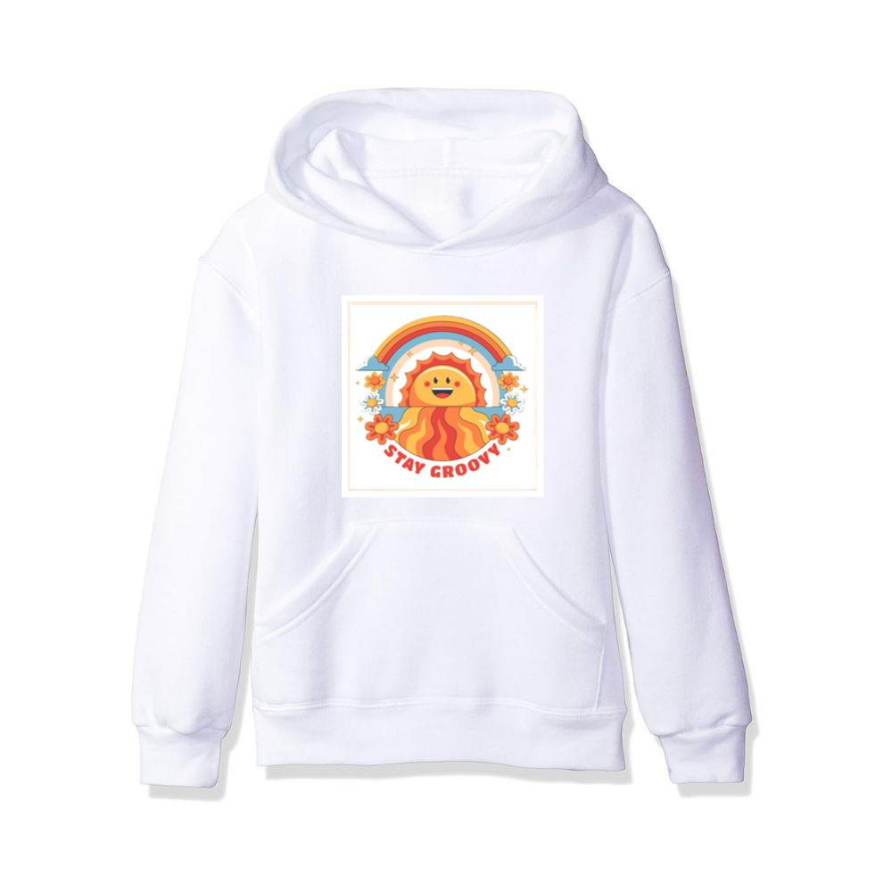 Sun Face with Rainbow, Flowers, and Stay Groovy Text Hoodies