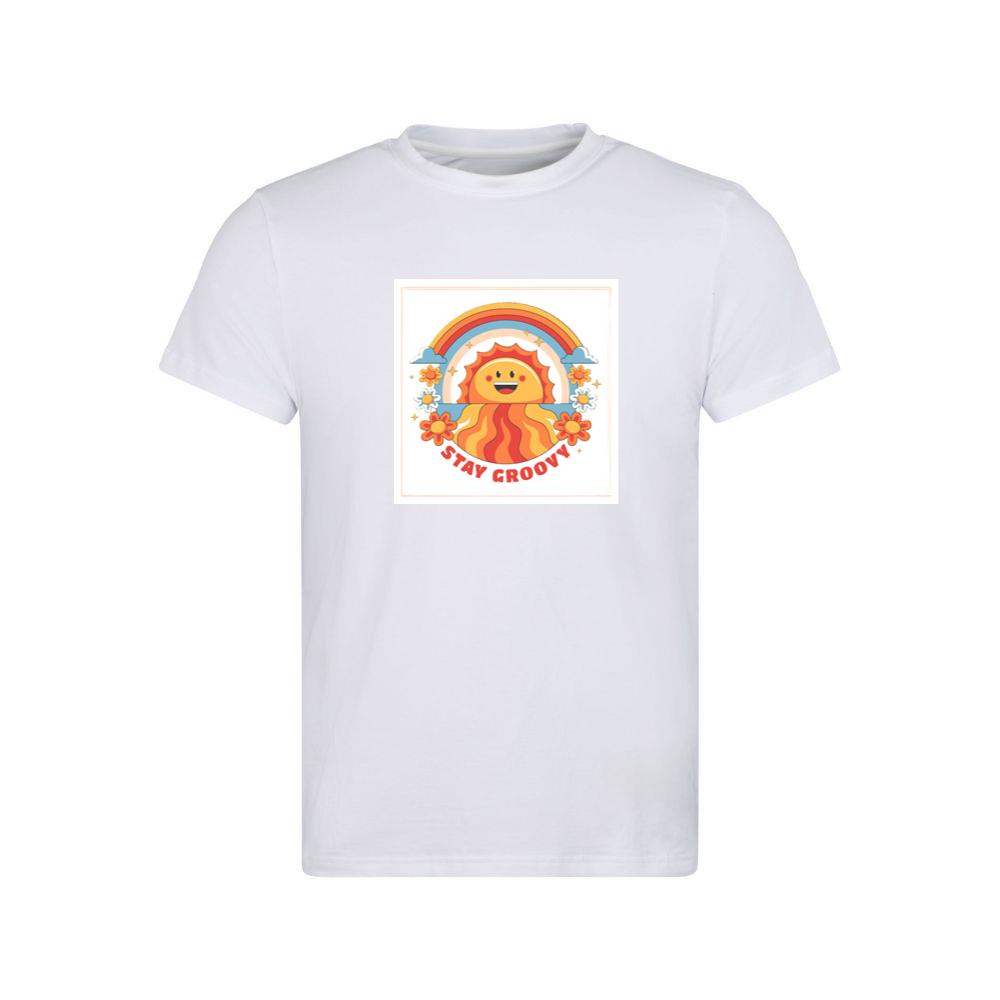Sun Face with Rainbow, Flowers, and Stay Groovy Text T-Shirts
