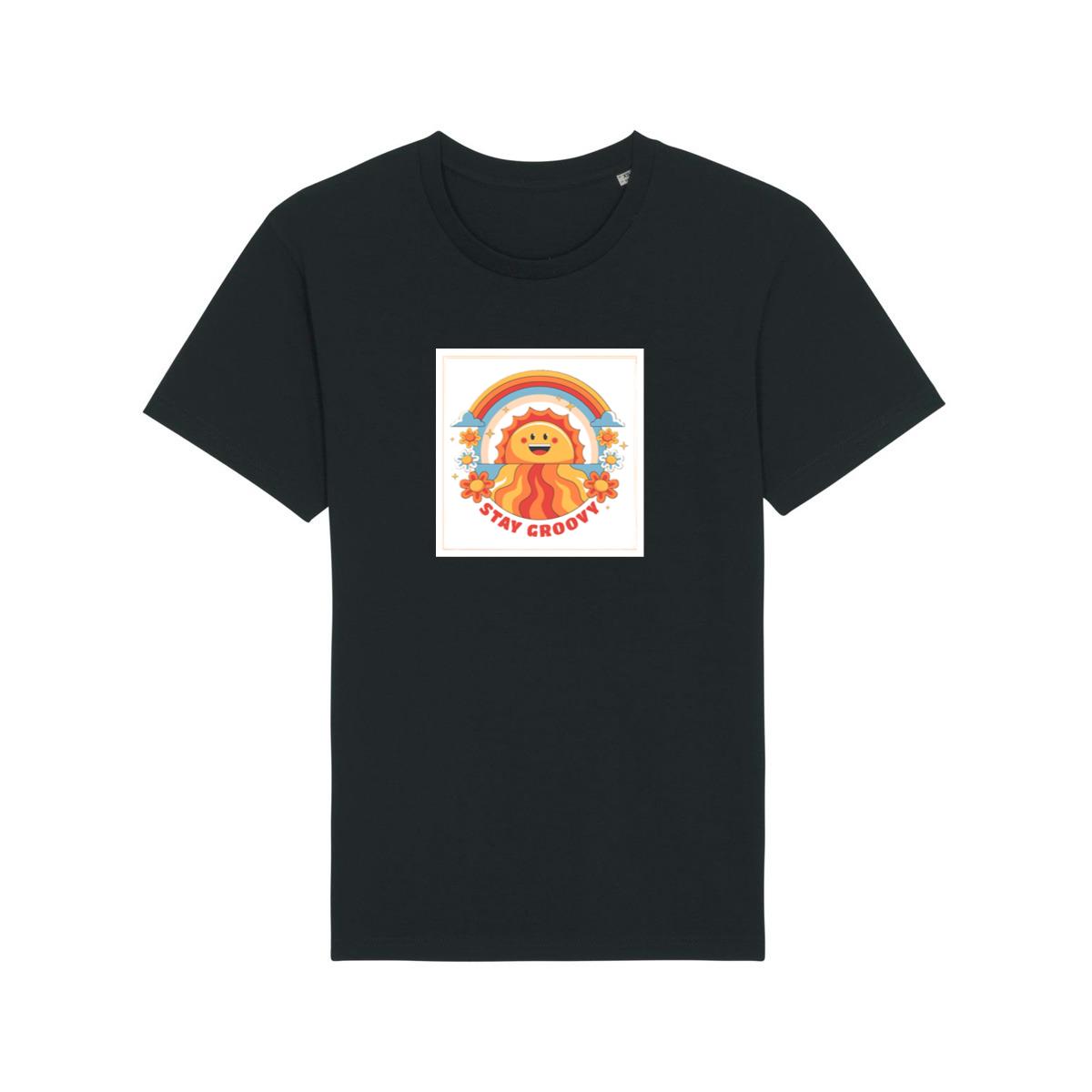 Sun Face with Rainbow, Flowers, and Stay Groovy Text T-Shirts