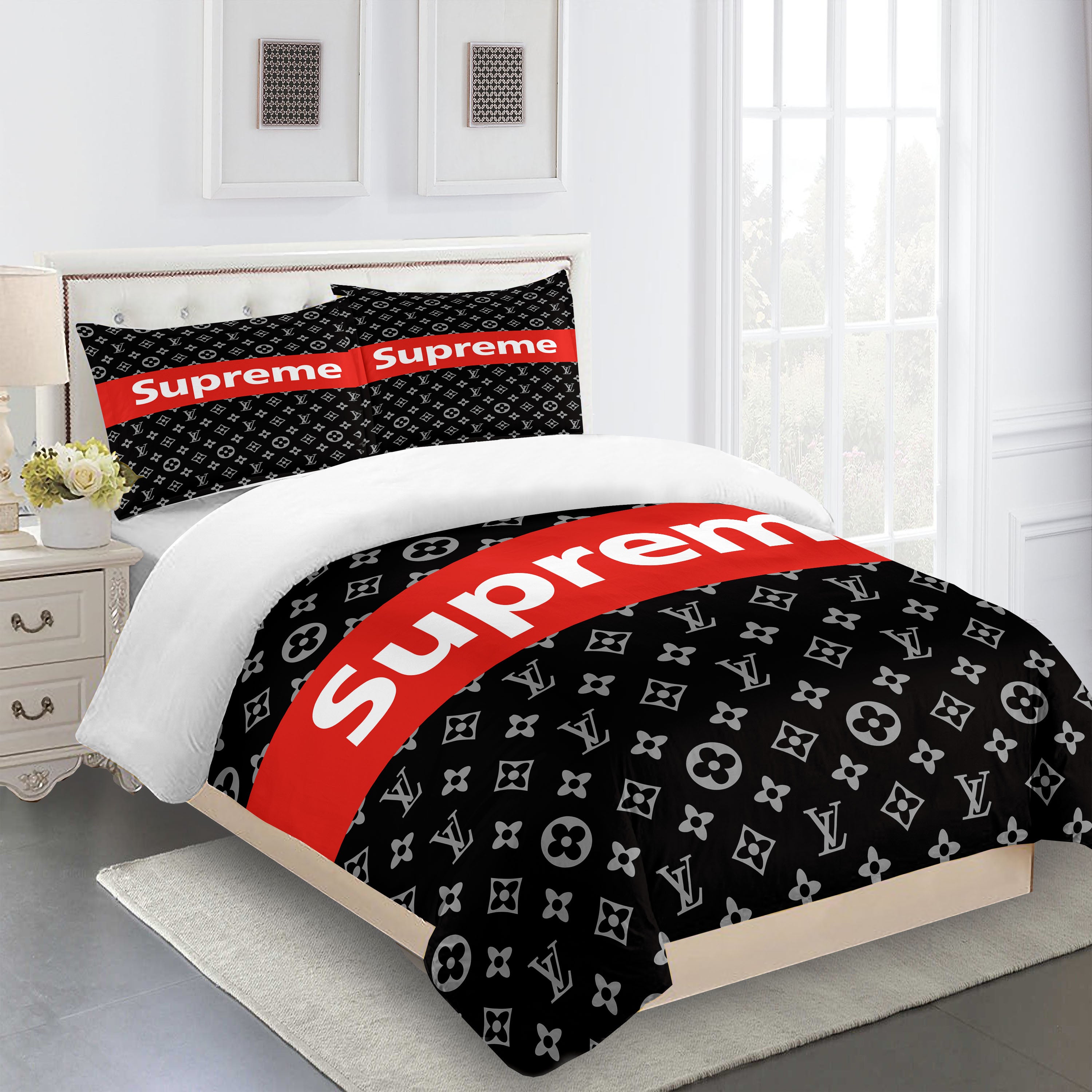 supreme bed set gray black with logo red