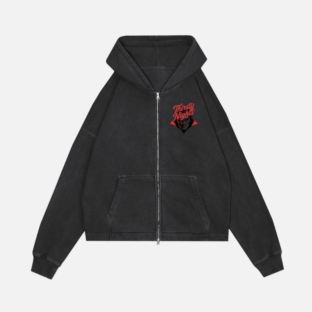 Thirsty Nights Vampire Horror Graphic Zip Hoodie