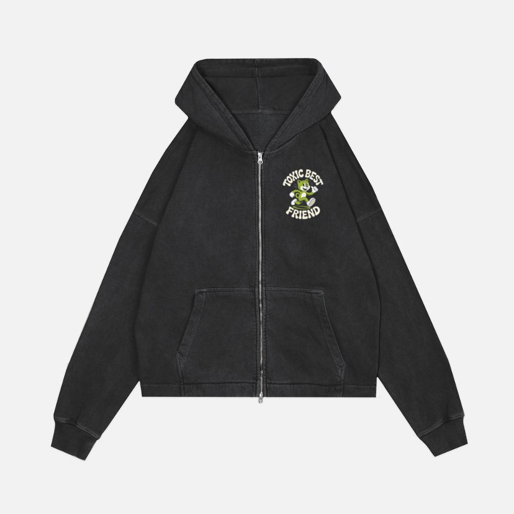 Toxic Best Friend Green Cat Retro Cartoon Graphic Zip Hoodie