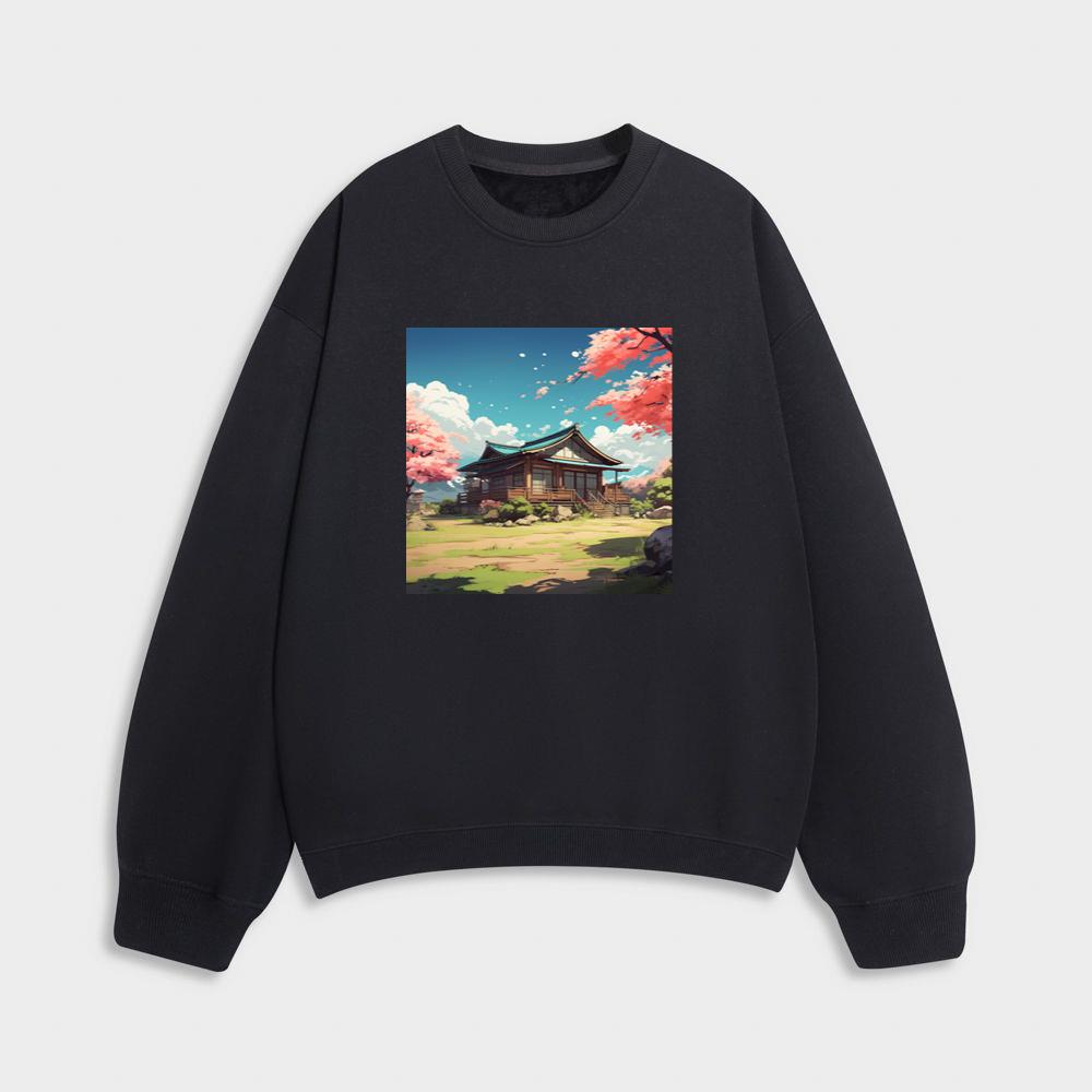 Tranquil Temple Tucked Amidst Cherry Blossoms Sweatshirt