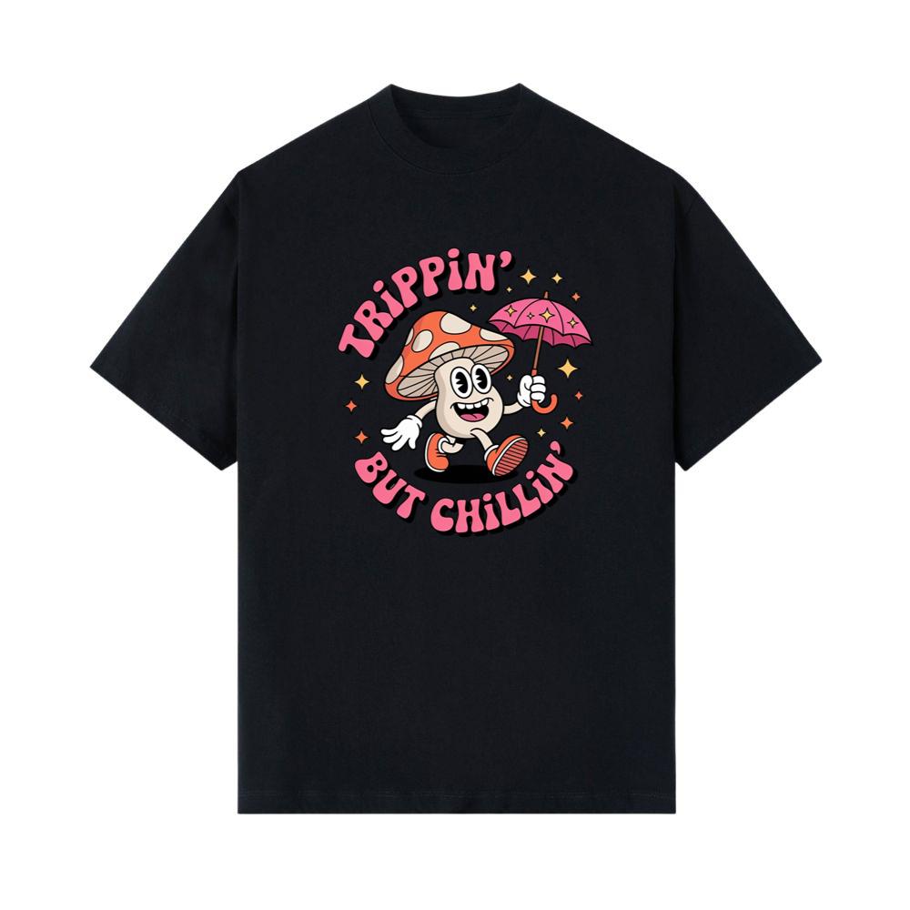 Trippin But Chillin Mushroom Graphic for Psychedelic Retro Style T-Shirt