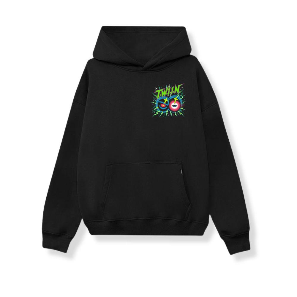 Twin Skull Neon Cross Eyes Graphic Art Hoodie - Image 3