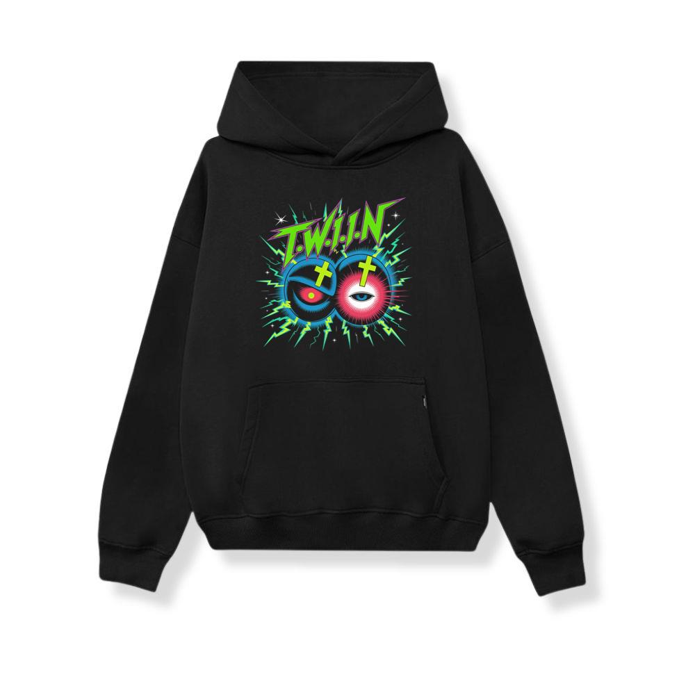 Twin Skull Neon Cross Eyes Graphic Art Hoodie