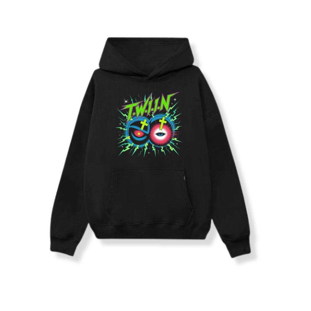 Twin Skull Neon Cross Eyes Graphic Art Hoodie