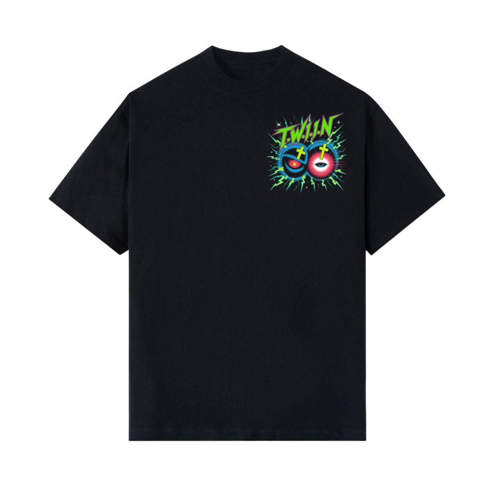 Twin Skull Neon Cross Eyes Graphic Art T-Shirt